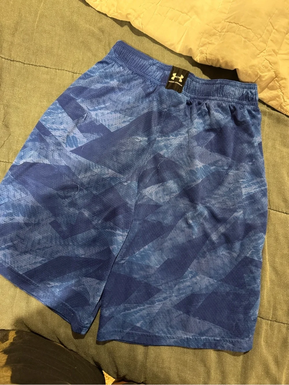 Under Armour Blue Patterned Boys Athletic Shorts with Yellow Logos